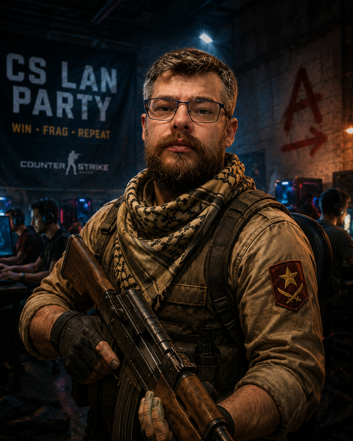 Plagát k Counter Strike turnaju v Prešove s hráčmi pri počítačoch