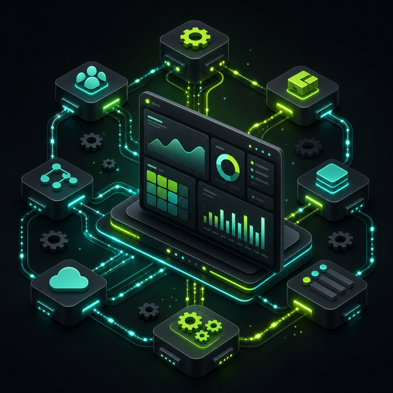 Ilustrácia firemného systému na mieru — prepojené moduly, automatizované toky dát a centrálny prehľad