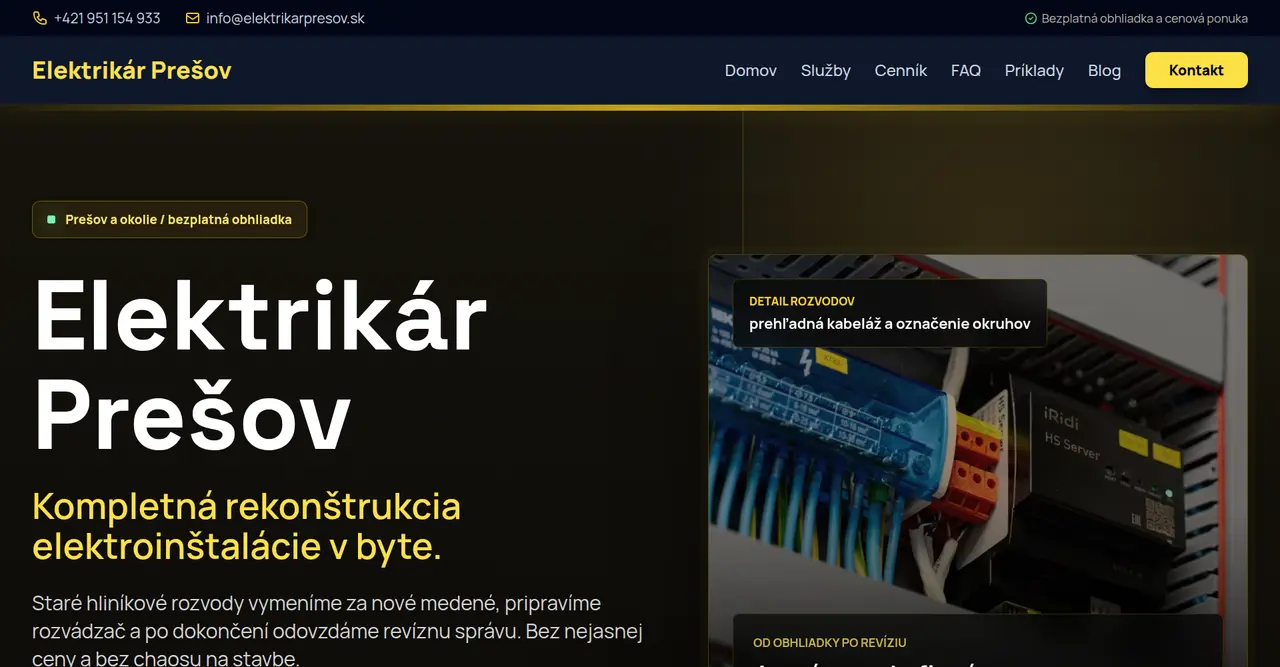 Hotový firemný web Elektrikár Prešov — hero sekcia s orientačnými cenami a výzvou na bezplatnú obhliadku