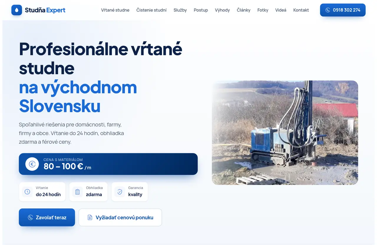 Hotový firemný web StudnaExpert — vŕtanie studní s orientačnou cenou za meter a klikateľným telefónom
